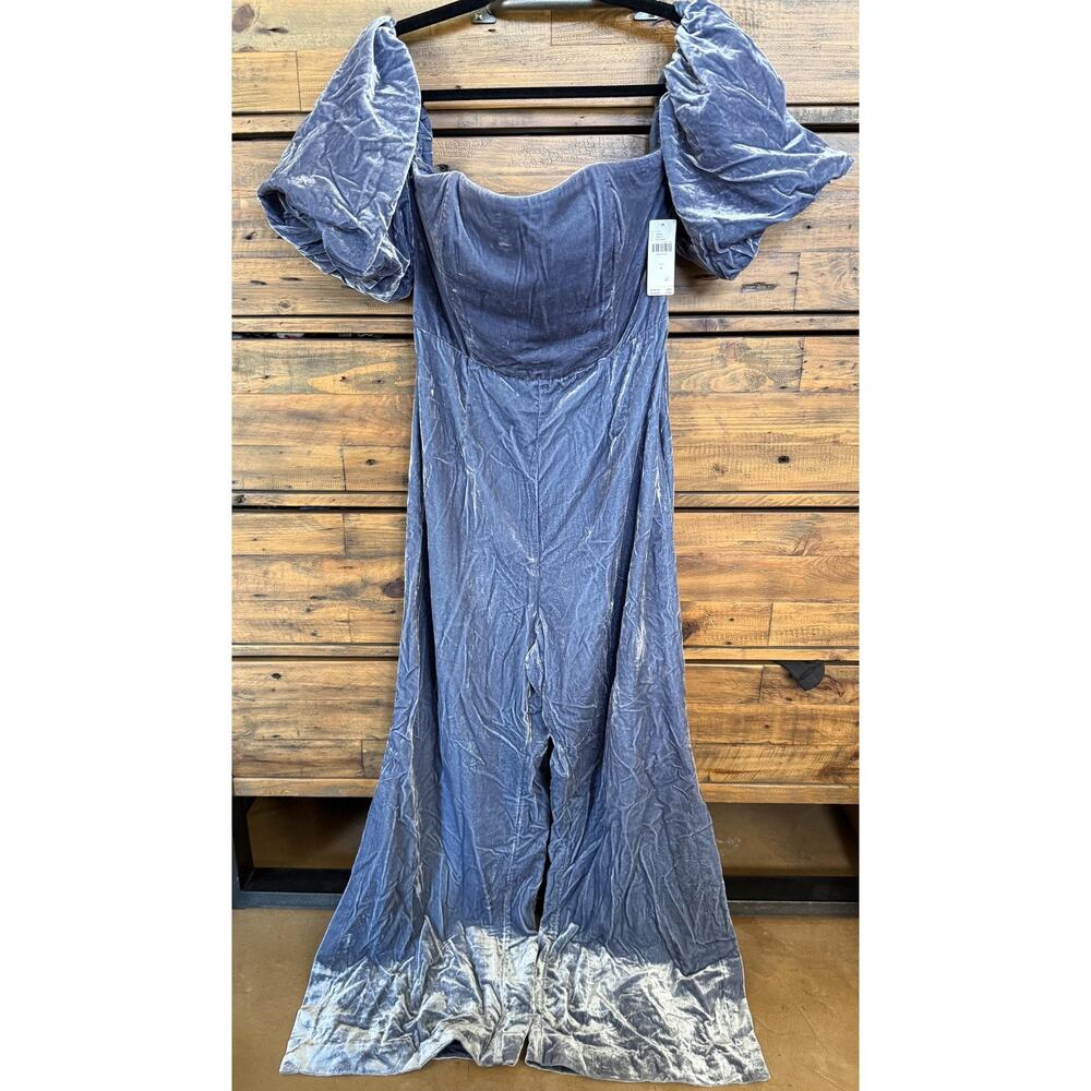Anthropologie Jumpsuit Women's Sz 8 Blue Velvet Puff Sleeve Lined NWT